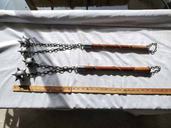 TWO MEDIEVAL SPIKED BALL AND CHAIN FLAIL REPLICAS