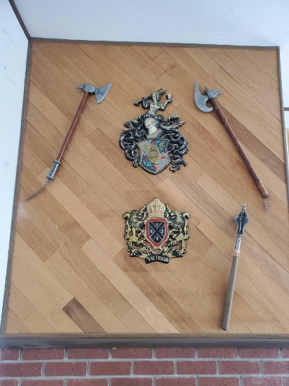 TWO MEDIEVAL BATTLE AXES AND MACE REPLICAS
