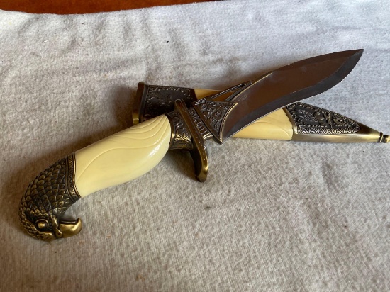 ORNATE FAUX IVORY ETCHED EAGLE BOWIE KNIFE