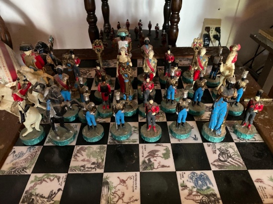 SMALL ORNATE WOODEN CHESS TABLE WITH PIECES/FIGURINES