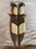 MATCHED SET ORNATE FAUX IVORY ETCHED EAGLE BOWIE KNIVES
