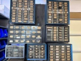LOT OF WALL PARTS ORGANIZERS WITH ELECTRICAL COMPONENTS AND HARDWARE