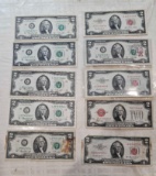 10 U.S. 2 DOLLAR BILLS RED SEAL AND GENERAL