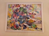 ABSTRACT FLORAL AND LEAF STILL LIFE OIL ON BOARD PAINTING