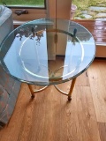 LABARGE BRASS AND OGEE EDGE ROUND OVAL GLASS TOP TABLE
