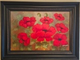 VINTAGE 60-70'S RED POPPIES OIL ON CANVAS PAINTING
