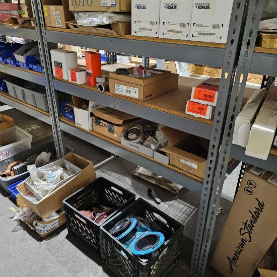 4 SHELVES OF VALVES AND PLUMBING MATERIALS