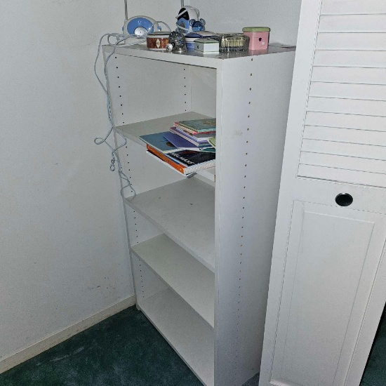 SMALL WHITE BOOK SHELF WITH CONTENTS