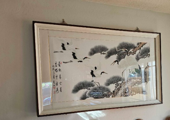 VINTAGE WATERCOLOR OF CRANES AND PINE TREES