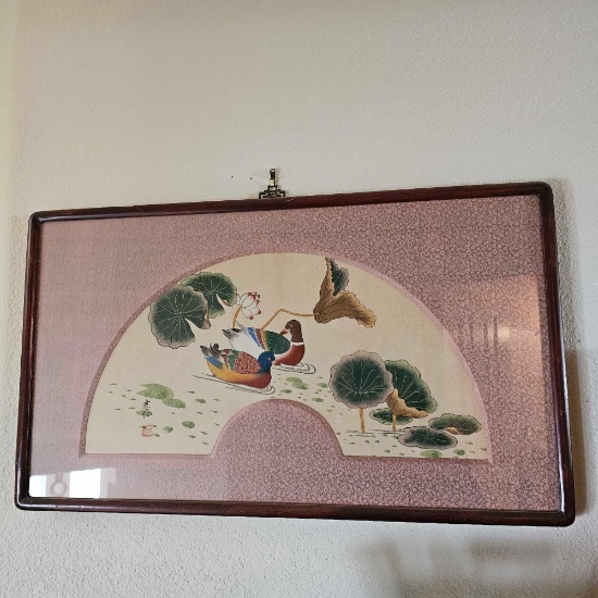 ASIAN FAN ART MANDARIN DUCKS AND A WINTER SCENE