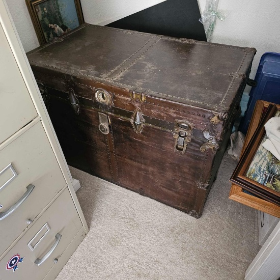 ANTIQUE LEATHER BOUND CHEST