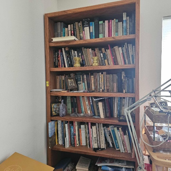 2 OAK BOOKSHELVES WITH CONTENTS