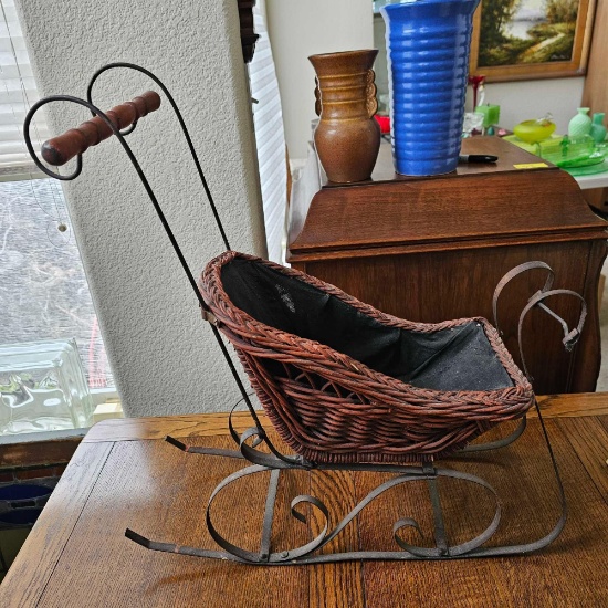 ANTIQUE WICKER AND WROUGHT IRON DOLL SLEIGH