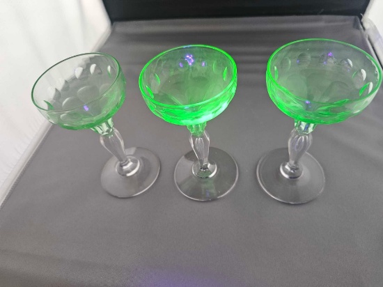 THREE VASELINE GLASS SHERBET GOBLETS