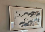 VINTAGE WATERCOLOR OF CRANES AND PINE TREES
