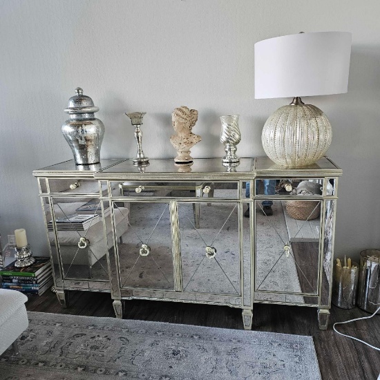 BEVELED MIRROR & WOOD FOUR DOOR SERVER WITH DECORATIONS