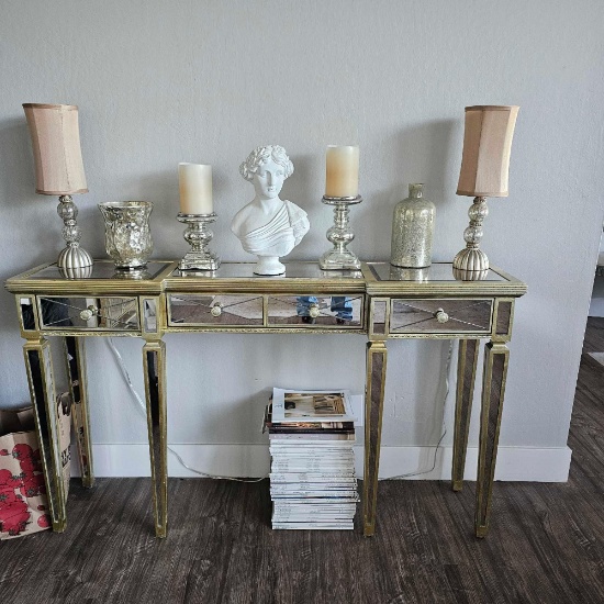 BEVELED MIRRORED GLASS TWO-DRAWER CONSOLE TABLE