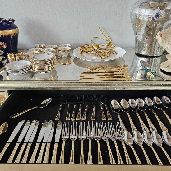SILVERWARE LOT AND TEA SETS