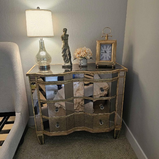 3 DRAWER BEVELED GLASS & MIRROR DRESSER WITH DECORATIONS