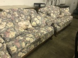 2 Matching Love Seats - made by England, floral print with wood legs (lot 10)