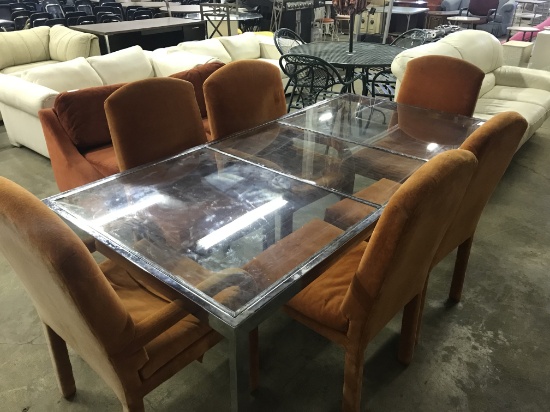 Glass Dining Table with 6 Orange Chairs (lot 3)