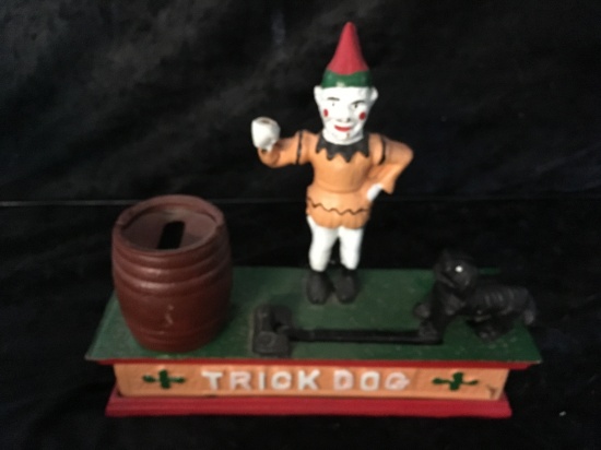 TRICK DOG CLOWN JESTER CAST IRON MECHANICAL BANK $40/50