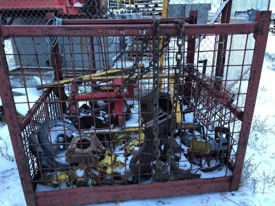 Steel job site work box with contents/Handrails, pipe collars, oil field equipment