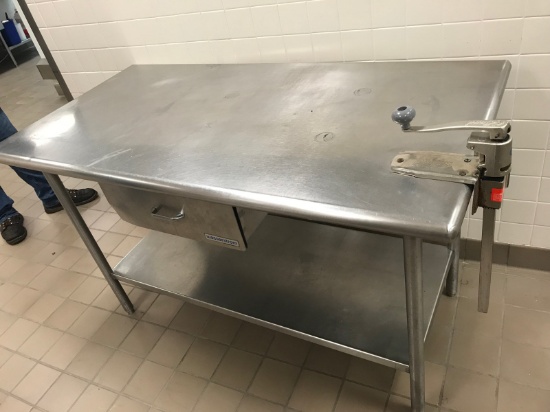 Wasserstrom approx 3 x 5 foot table with drawer and can opener
