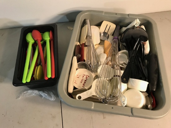 Large assortment of serving utensils, with bus tote