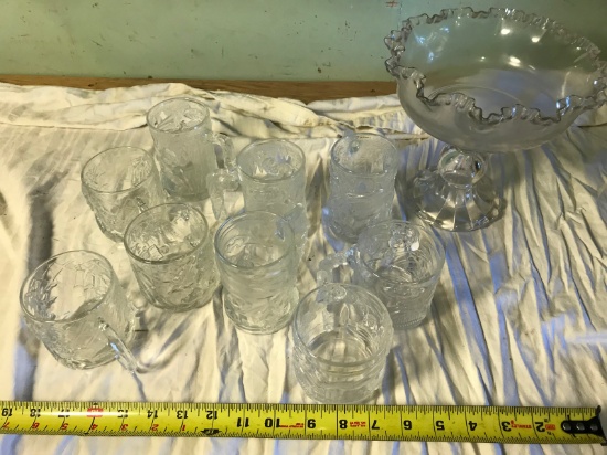 McDonaldâ€™s Glass Mugs and an unpainted unmarked Fenton Glass Compote