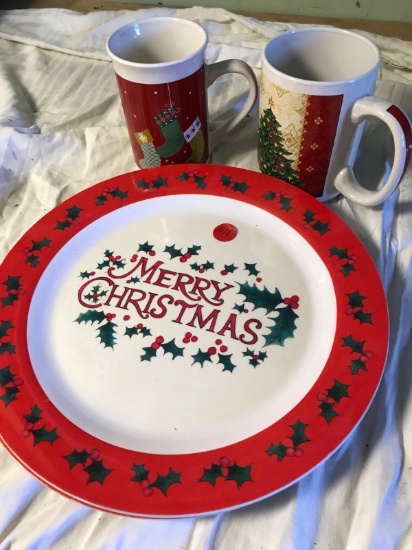 Merry Christmas plates and 2 mugs