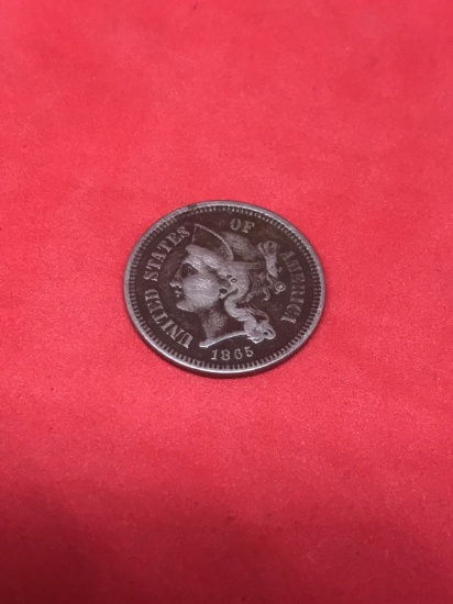 1865 3 Cent Nickel, circulated, Civil War Era