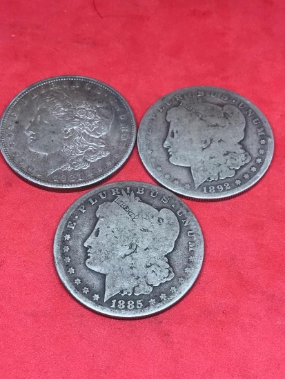 Morgan Silver Dollars, 1892-O, 1921, and 1885