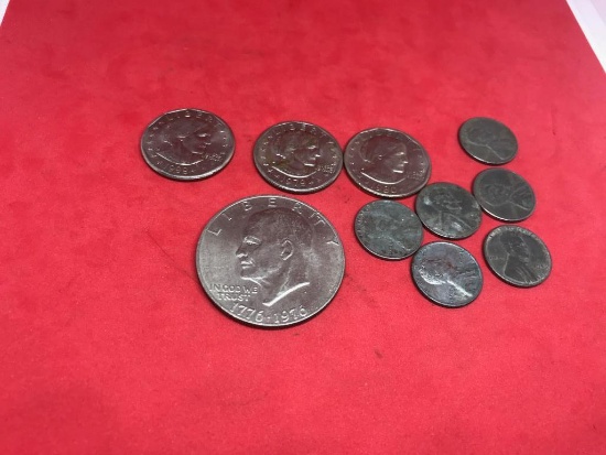 BiCentennial Dollar, 3- Susan B Anthony Dollars, and 6 War pennies