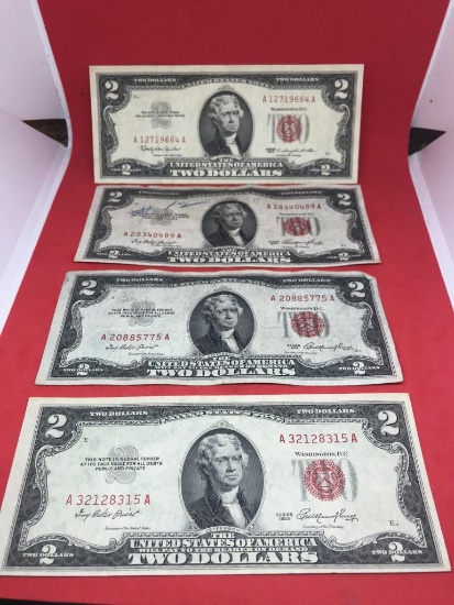 SELLING AS ONE LOT, 3- 1953 and 1 -1963 Red Seal Two Dollar Bill