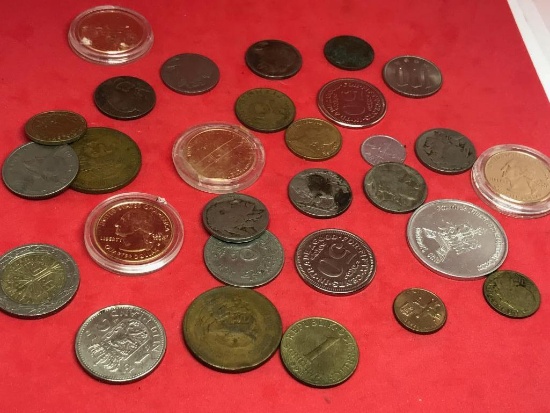 Various coin lot, gold plated quarters, foreign, and tokens