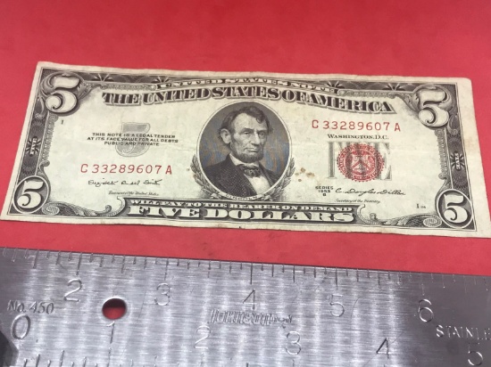 $5.00 Red Seal Federal Reserve Note, circulated