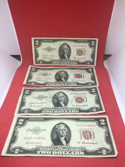 4- 1953 $2.00 Red Seal Notes, circulated