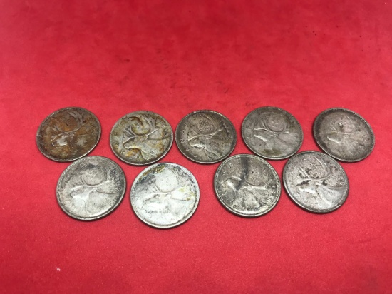 9- Silver Canadian Quarters, all circulated.  Selling times the money