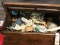 Wooden Sewing Box with buttons, and sewing supplies.  Box is Damaged, see pics