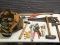 Tool Lot, hammer, hatchet, ax, handsaw, and misc tools.  Craftsman Adjustable Wrench