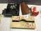 Vintage Tin Household items, tissue box, match holder, comb case, and desk organizer
