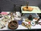 Various items, home decor, tray, brass bell, glass insulator, nutcrackers, wooden shoe and more