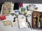 Sewing box, various writing utensils and office suppies