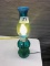 Blue Toned Carnival Glass like lamp with matching chimney, approx 17 inches tall overall