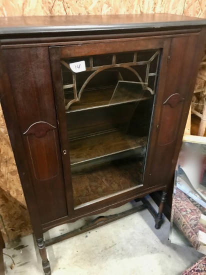 Solid Wood, Likely antique curio cabinet.  Appears to be original glass, with fixed shelves, 57 inch