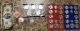 Various Coins, 40% Half, 2007 P and D Uncirculated set, Tax Tokens, and various other currency