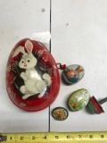 Vintage Tin Lot, Tin Tops, Tin Candy Eggs and a Windup toy