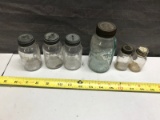 6 small jars, 2 are Ball and are smaller than salt and pepper shakers, (salesman samples?), 3 Atlas