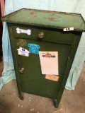 Metal Cabinet with misc contents, on casters, 31 inches tall,